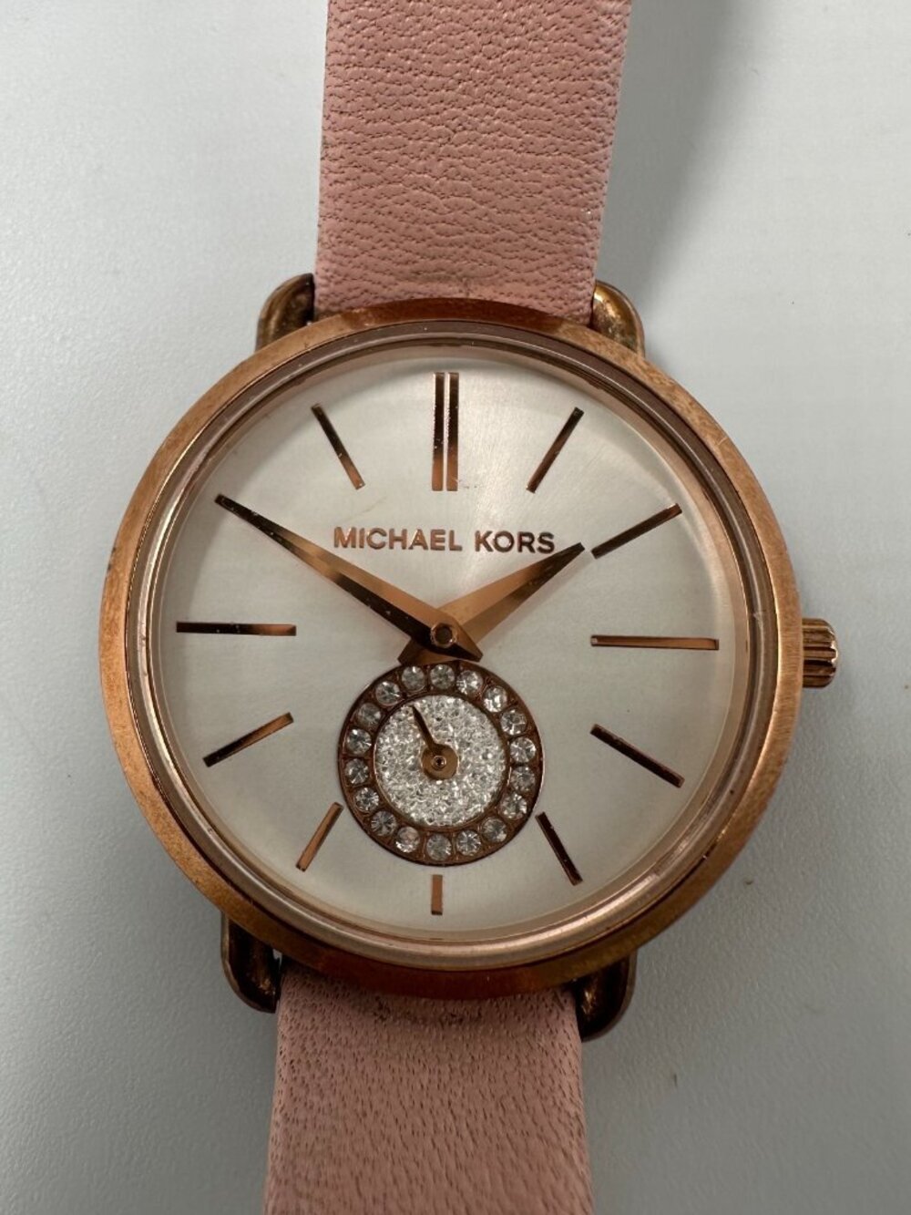 Michael Kors Watch Women Gold Tone Pink Leather Band 24MM New Battery 8.5"